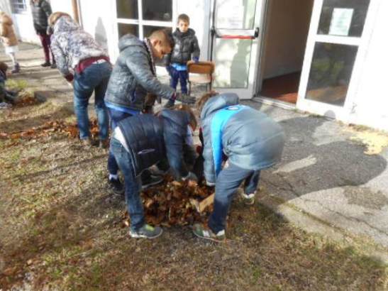 Gli alunni sistemano le foglie raccolte nel cortile.