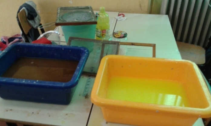 Vaschette contenenti acqua di diverso colore.
